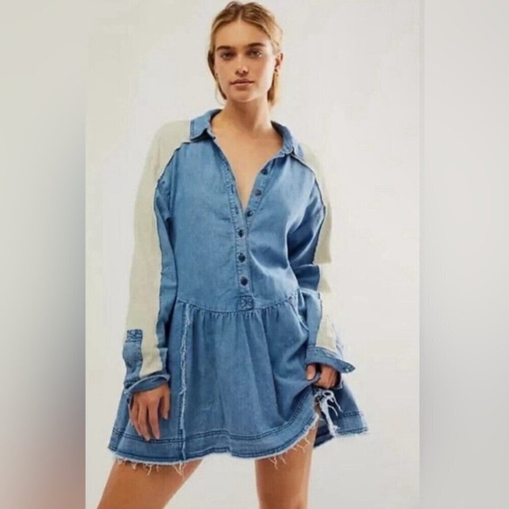 Free People Jean Tunic Dress Blue Beige Button Front Mixed Fabric Size XS